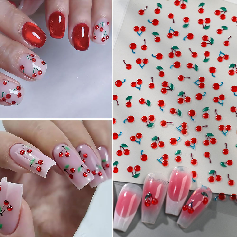 Nail Art Red Cherry - 1/2 قطعة ملصقات أظافر ثلاثية الأبعاد