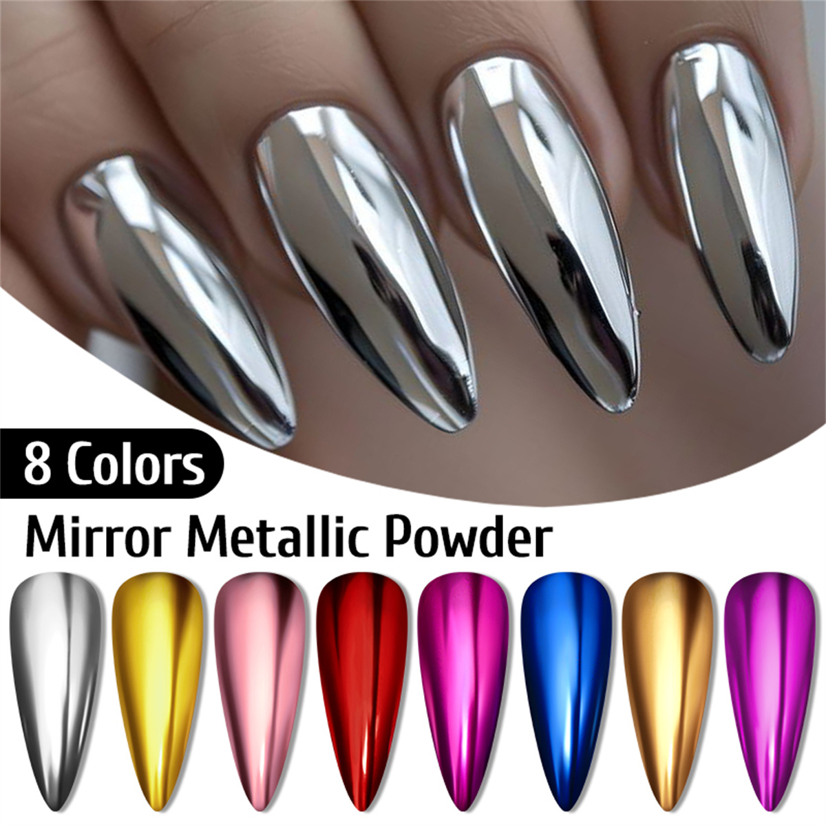 Nail Glitter Chrome - مسحوق مرآة معدني ذهبي وفضي، جليتر