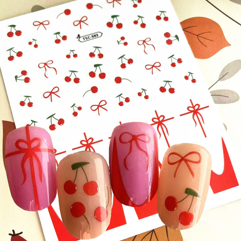 Nail Art Red Cherry - 1 قطعة Bowknot الأحمر الكرز تصميم